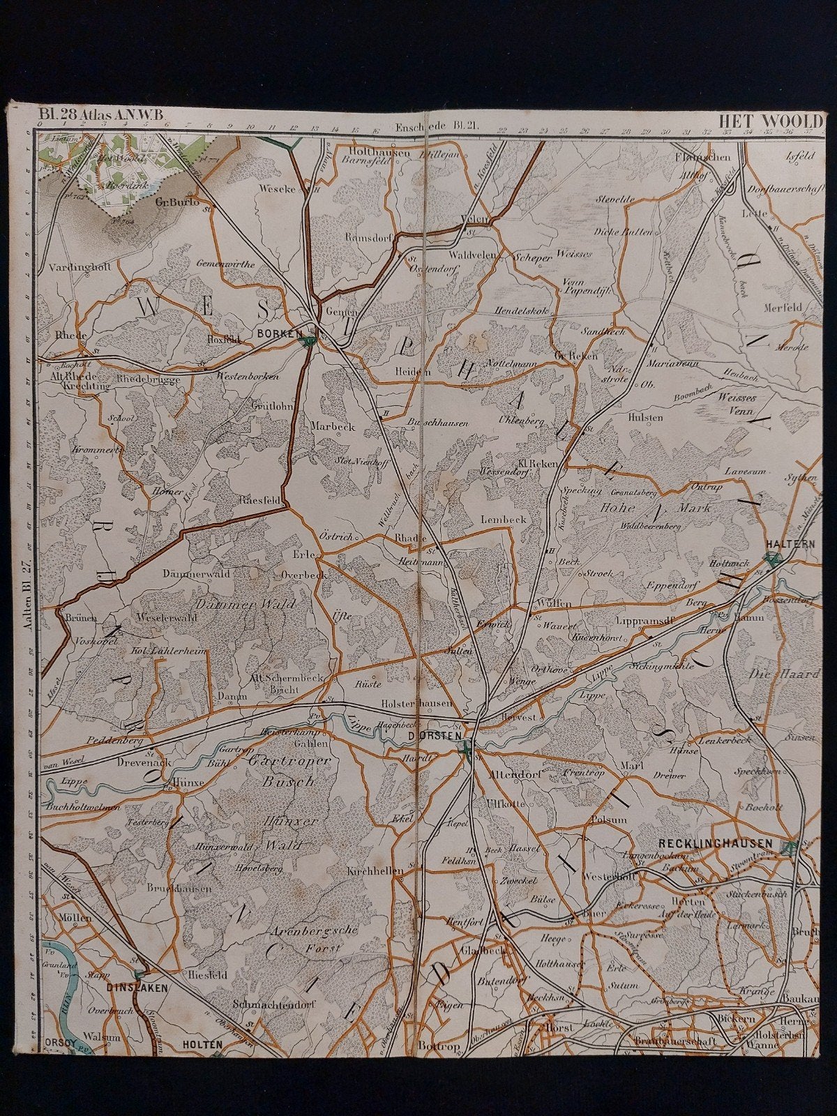 28 / Het Woold en omgeving plattegrond uit Atlas ANWB 1920, Boeken, Gelezen, ANWB, Ophalen of Verzenden, Landkaart