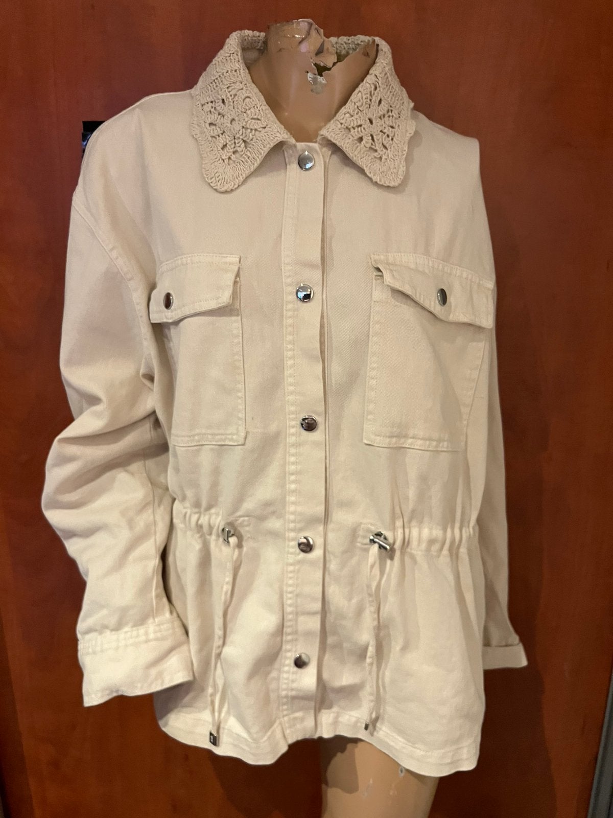 ZARA jeans jas met gehaakte kraag L nieuw met kaartjes, F, G, Beige, Maat 42/44 (L)