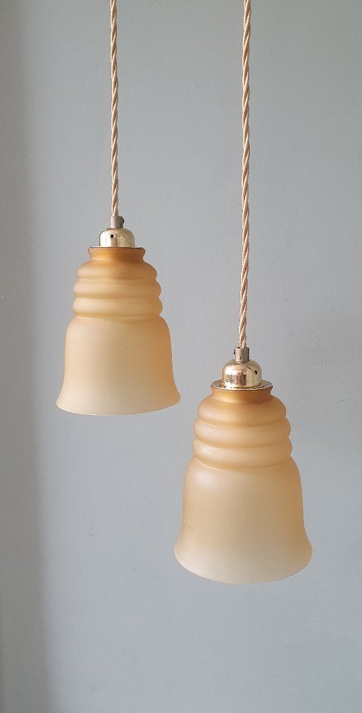 Set Vintage franse hanglampen in klokvorm - gekleurd glas., Ophalen of Verzenden, Glas, 75 cm of meer, Vintage, art deco, art nouveau, retro, antiek, klassiek