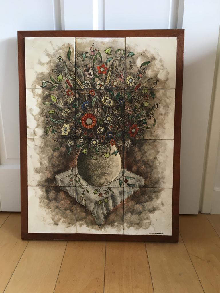 Antiek Tegeltableau Nanning de Vries - Bloemen in Vaas, Ophalen