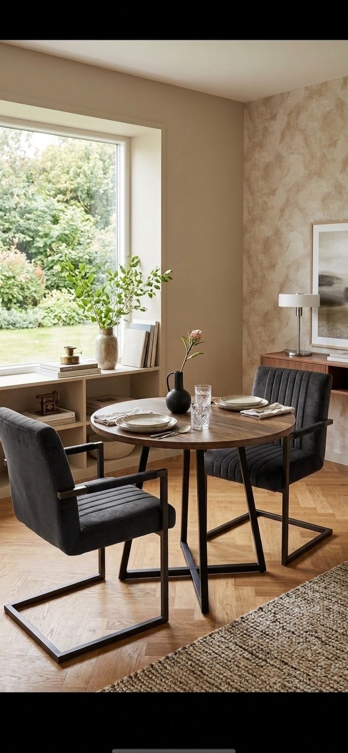 Moderne ronde eettafel met 2 stoelen, Huis en Inrichting, Tafels | Eettafels, 100 tot 150 cm, Rond, Tot twee personen, Ophalen of Verzenden