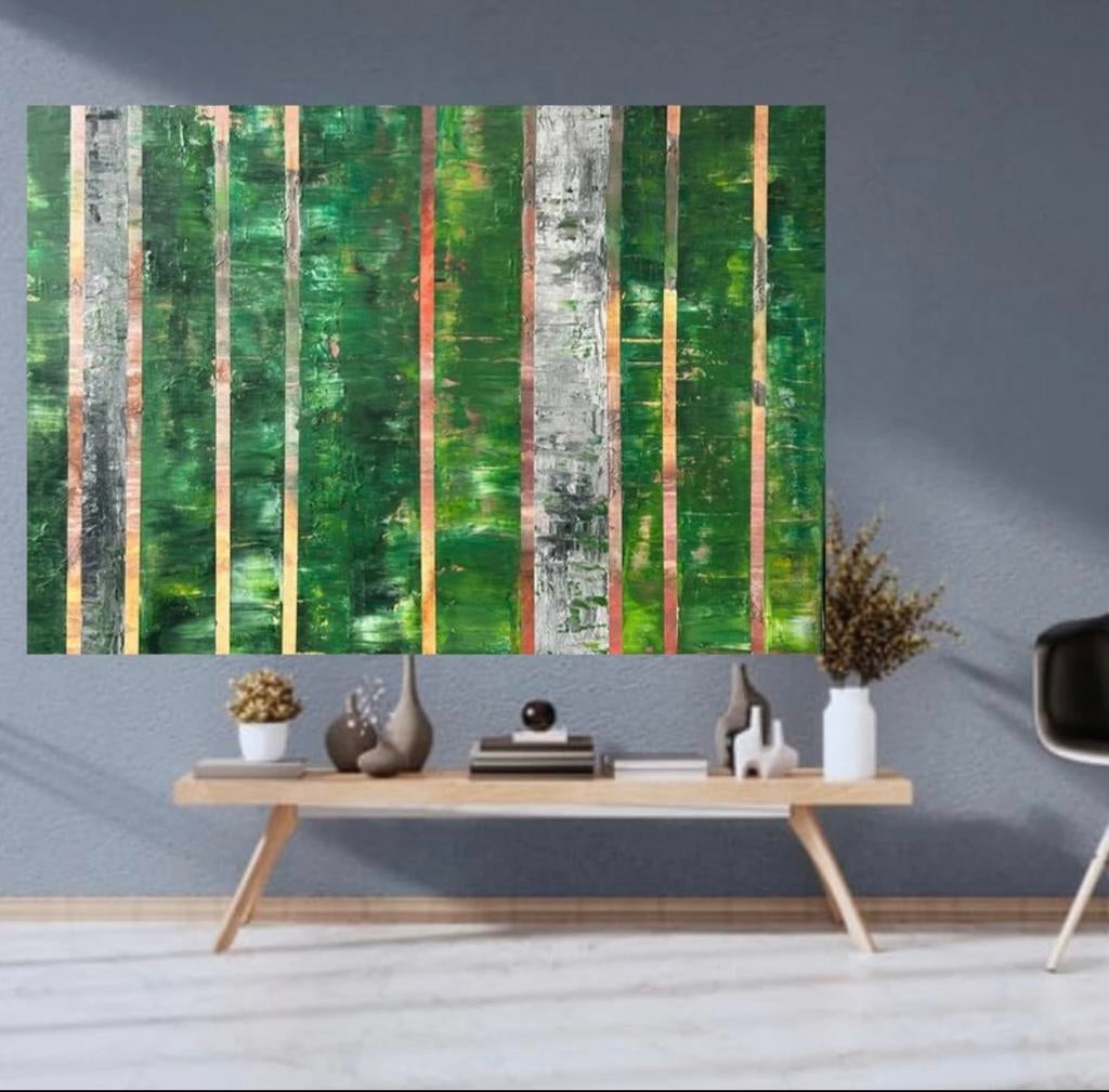 Groot modern schilderij groen strepen, Ophalen of Verzenden