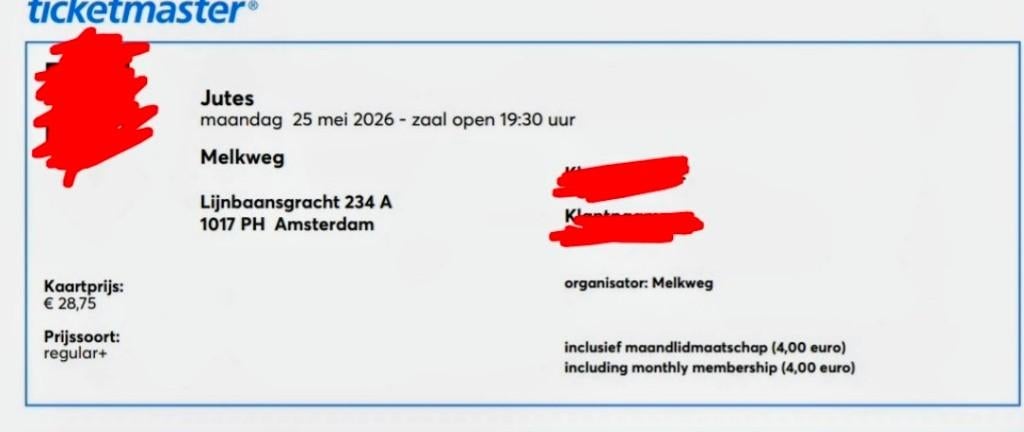 Jutes ticket melkweg, Tickets en Kaartjes, Concerten | Pop, Eén persoon, Mei