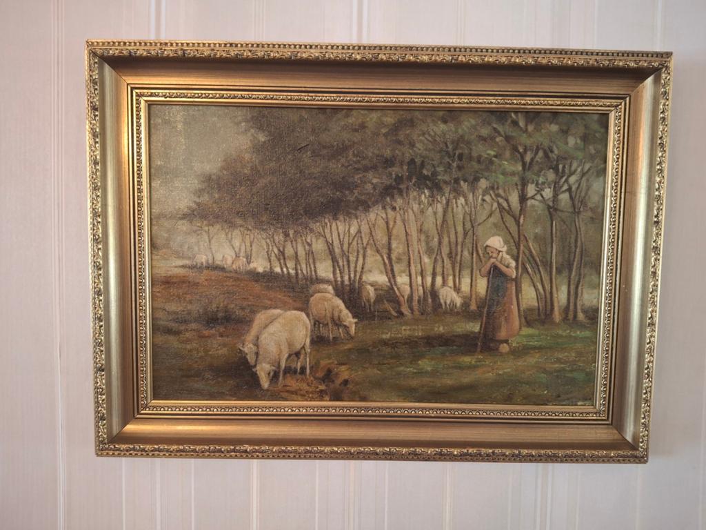 Oud schilderij: Herderin met schapen in landschap + lijst, Antiek en Kunst, Ophalen of Verzenden
