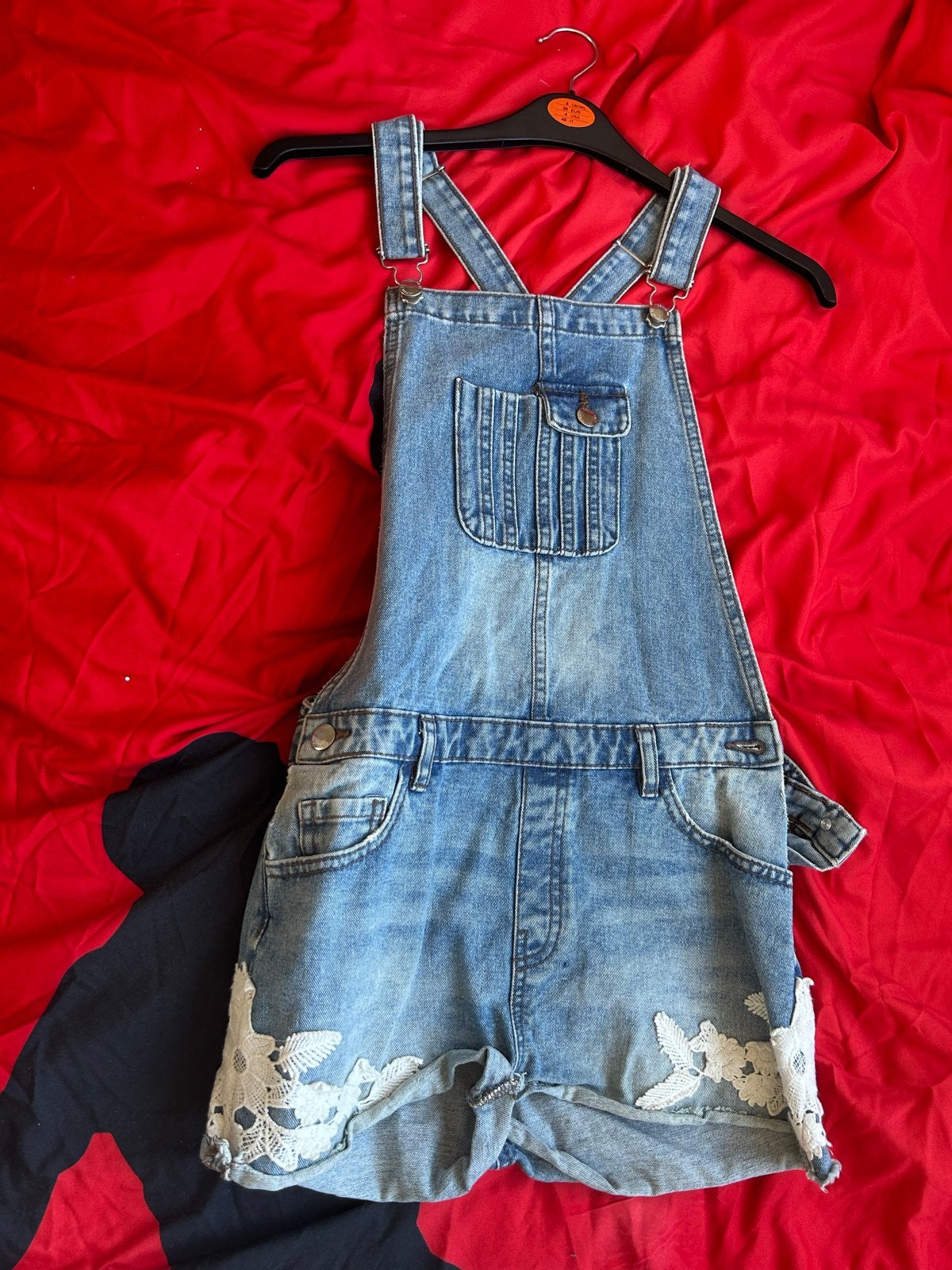 Denim tuinbroek short met kanten details, Kort, Blauw, Ophalen of Verzenden, Maat 34 (XS) of kleiner