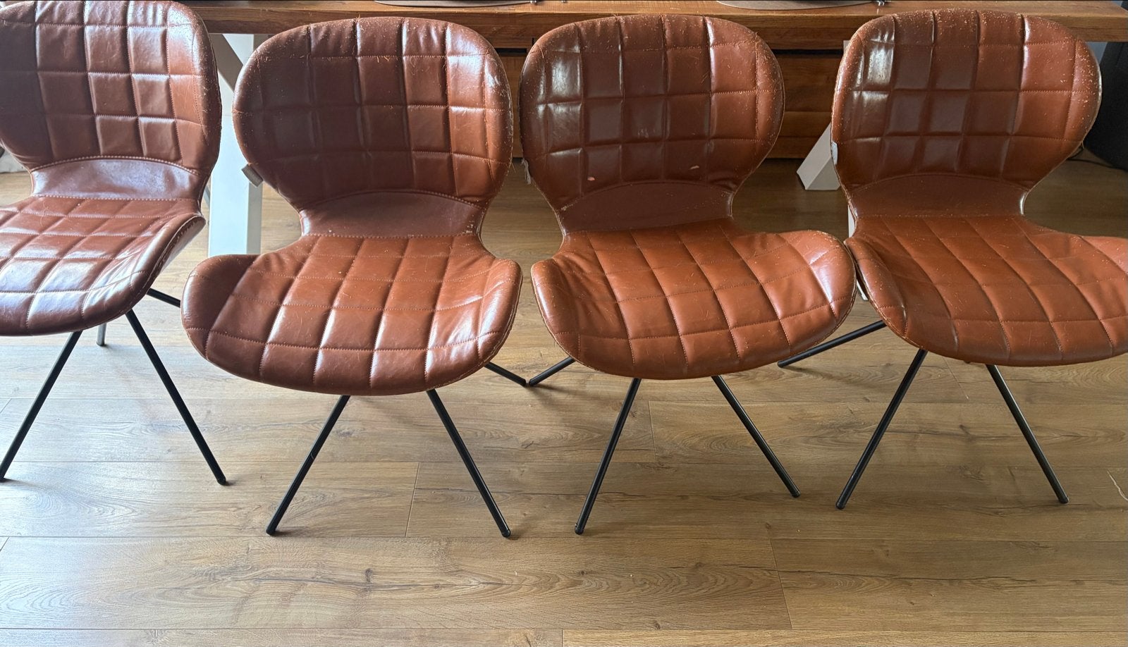 Set van 4 bruine leren eetkamerstoelen van Zuiver - Gebruikt, Ophalen, Gebruikt, Bruin, Leer