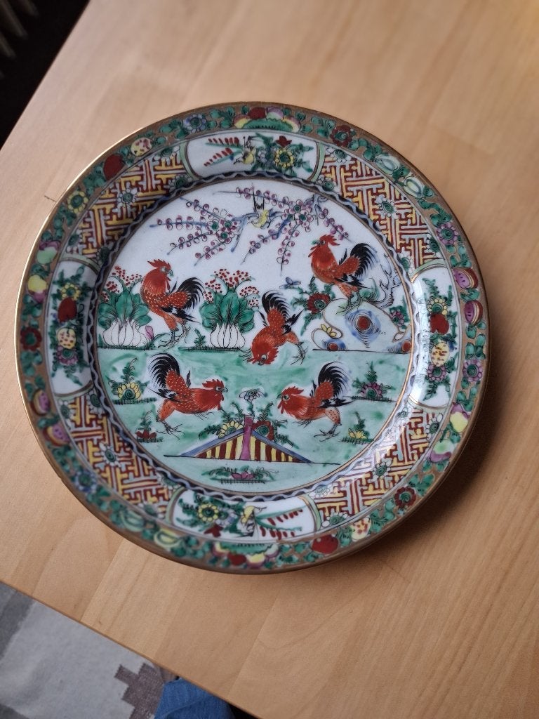Chinees handgeschilderd Hanenbord d=22cm, Antiek en Kunst, Antiek | Keramiek en Aardewerk, Ophalen of Verzenden