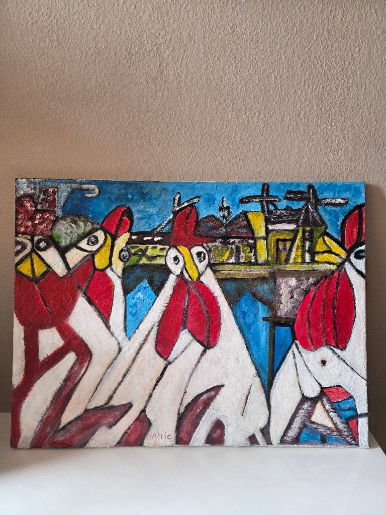 Kippen, acryl op doek - H 58 cm, B 78 cm, Ophalen