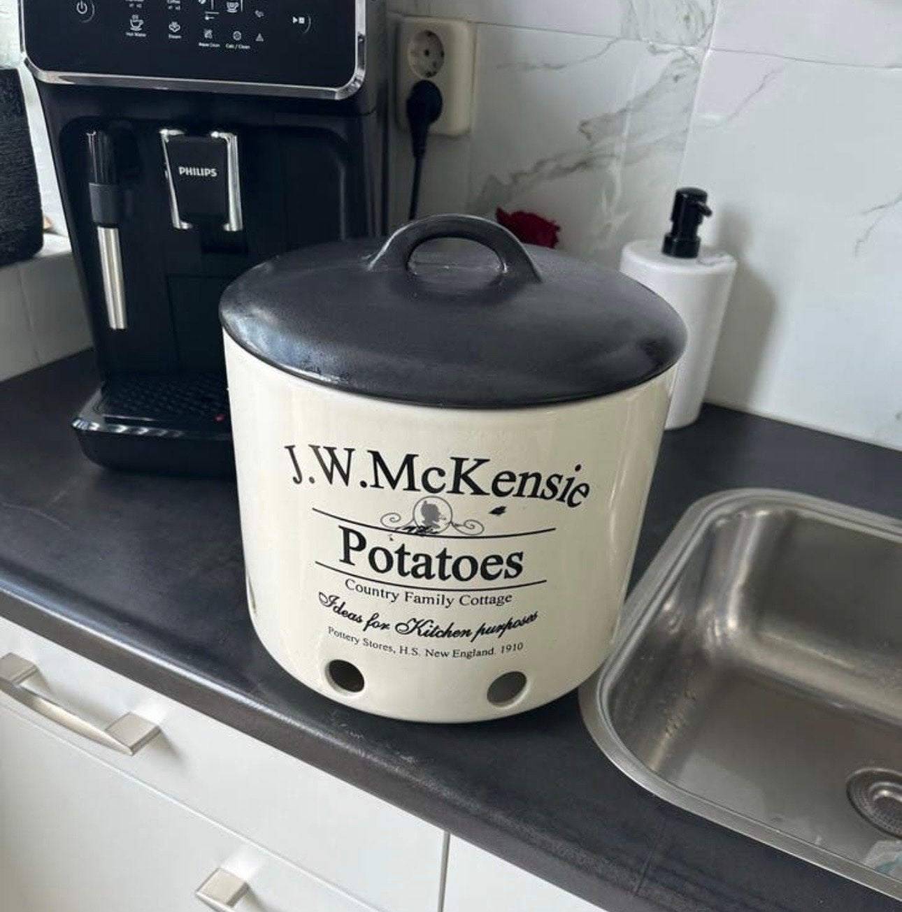 J.W. McKensie Aardappel Voorraadpot - Crème/Zwart, Huis en Inrichting, Ophalen, Zo goed als nieuw, Voorraadpot, Steen/keramiek