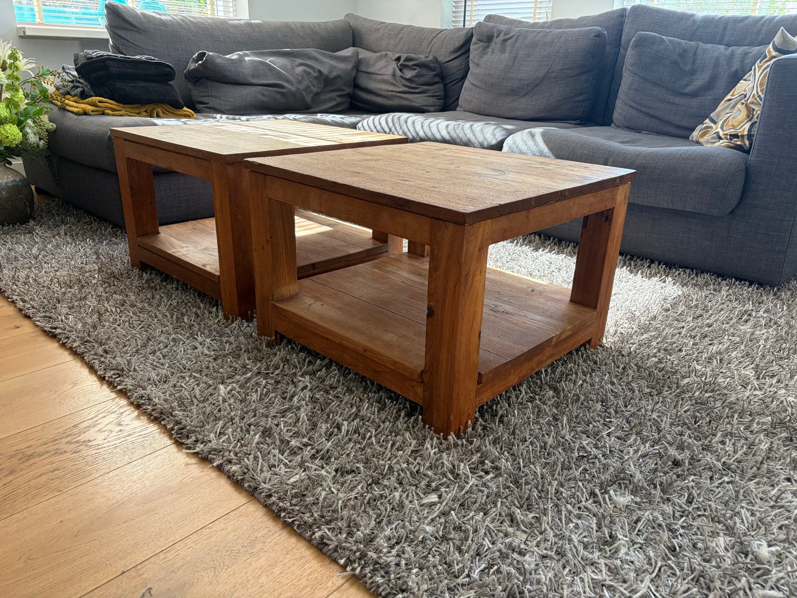 Set van 2 massief teak houten salontafels, Ophalen, Gebruikt, 50 tot 100 cm, 50 tot 100 cm
