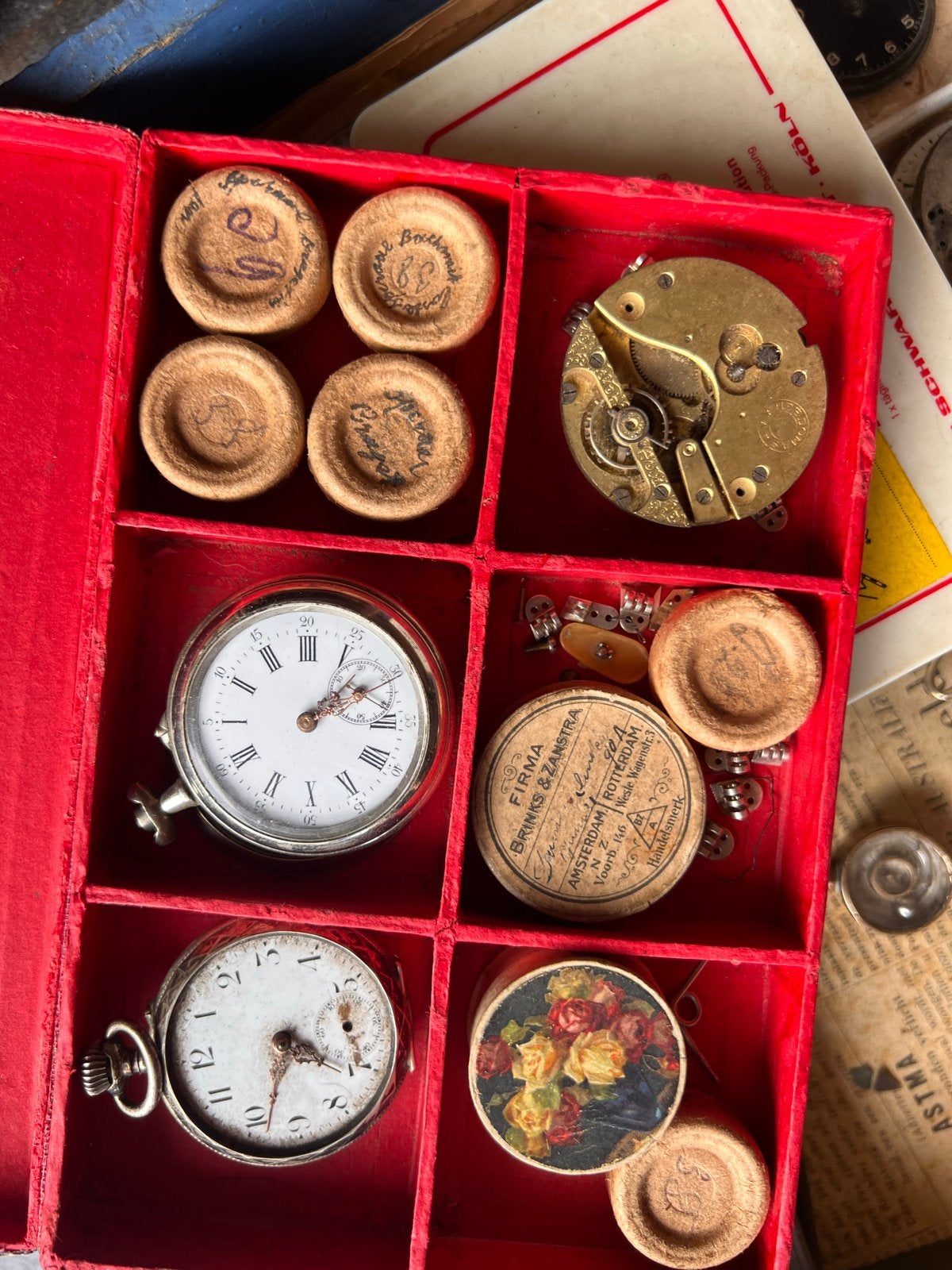 Grote collectie vintage zakhorloge onderdelen en gereedschap, Ophalen of Verzenden, Staal, Overige merken