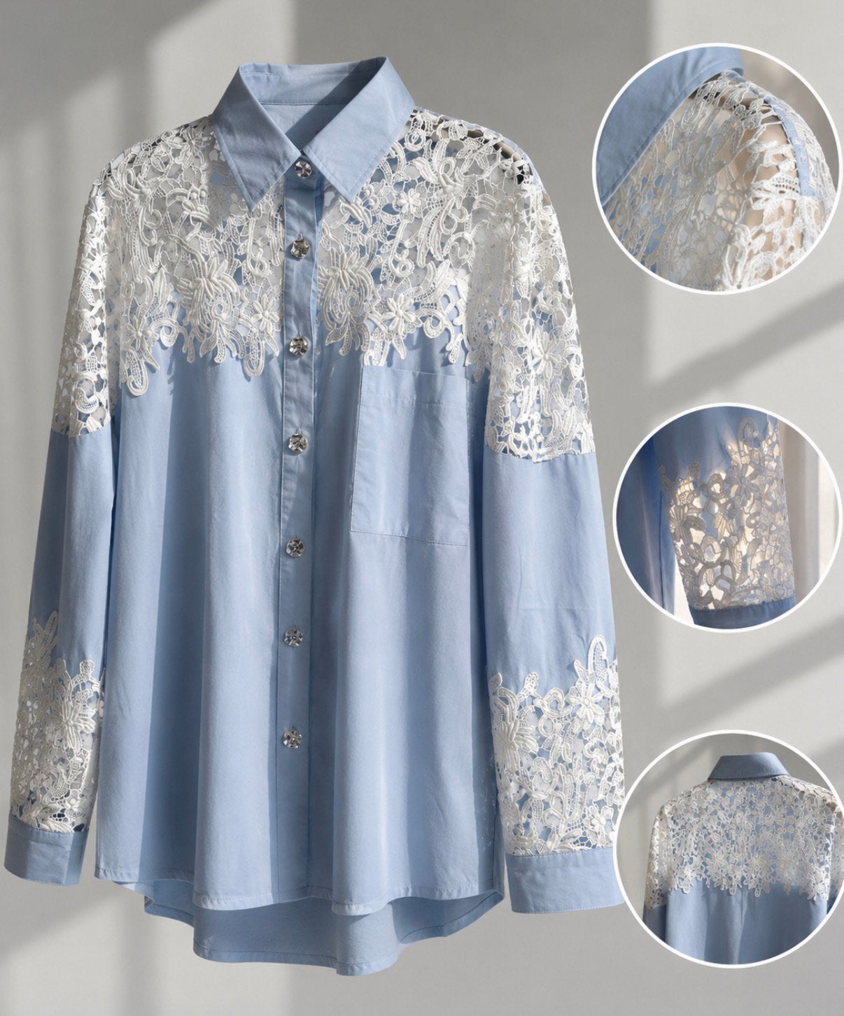 Elegante lichtblauwe blouse met wit kant, onesize tot 42, Ophalen of Verzenden, Nieuw, Maat 38/40 (M), Blauw