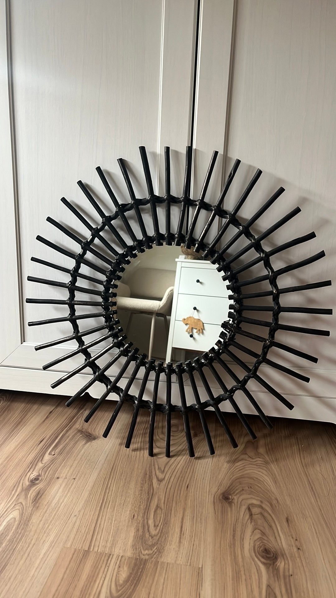 Rotan spiegel zwart, Ophalen, Minder dan 50 cm, Rond, Zo goed als nieuw