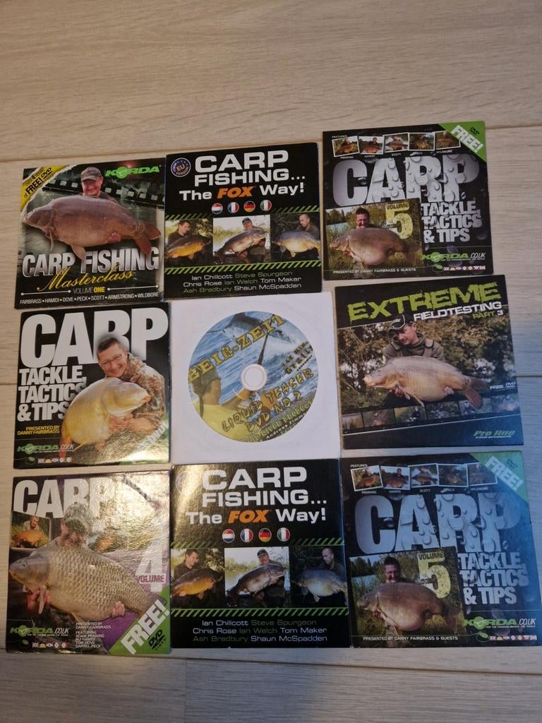 9 dvd collectie karper vissen carp fishing dvd's masterclass, Watersport en Boten, Hengelsport | Karpervissen, Ophalen of Verzenden