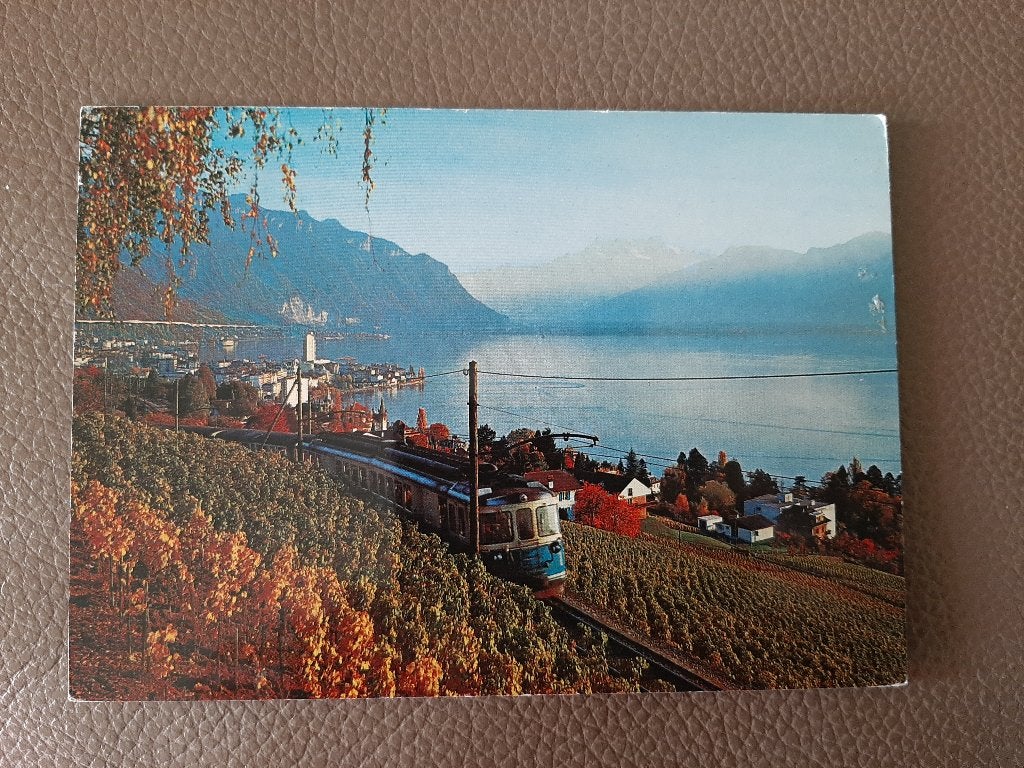 Montreux, gezicht op meer van Geneve, stempel 50 jaar u weet, Verzenden, Gebruikt, Trein, Kaart of Prent