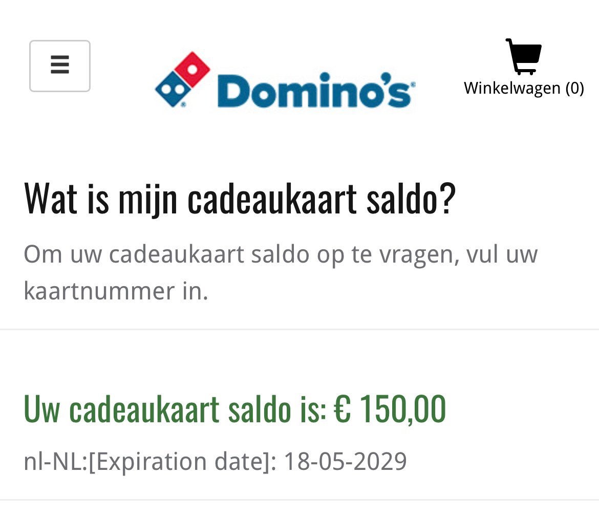 €150 Dominos pizza cadeaubon, Eén persoon, Cadeaubon