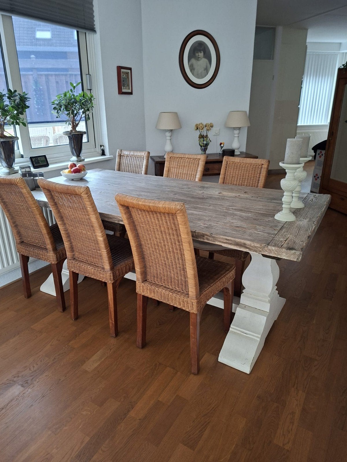 Robuuste eettafel met 6 rotan stoelen - landelijke stijd TOP, Ophalen, Gebruikt, Overige materialen, Landelijk, Rustiek