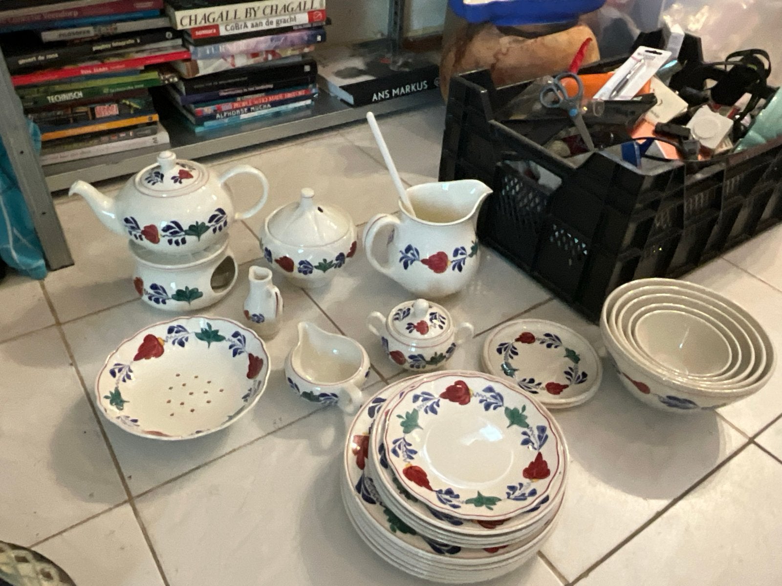 Boerenbont servies - theepot, uienpot, schalen (ca. 30 st.), Gebruikt, Keramiek, Landelijk/Boerenbont, Ophalen of Verzenden
