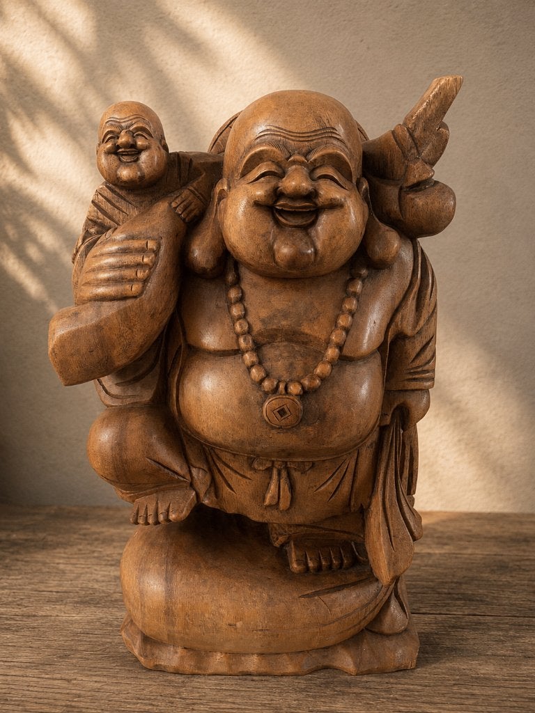 Happy Boeddha beeld met kind – Suarhout – Indonesië – 50 cm, Gebruikt, Nvt particulier, Ophalen of Verzenden, Hout