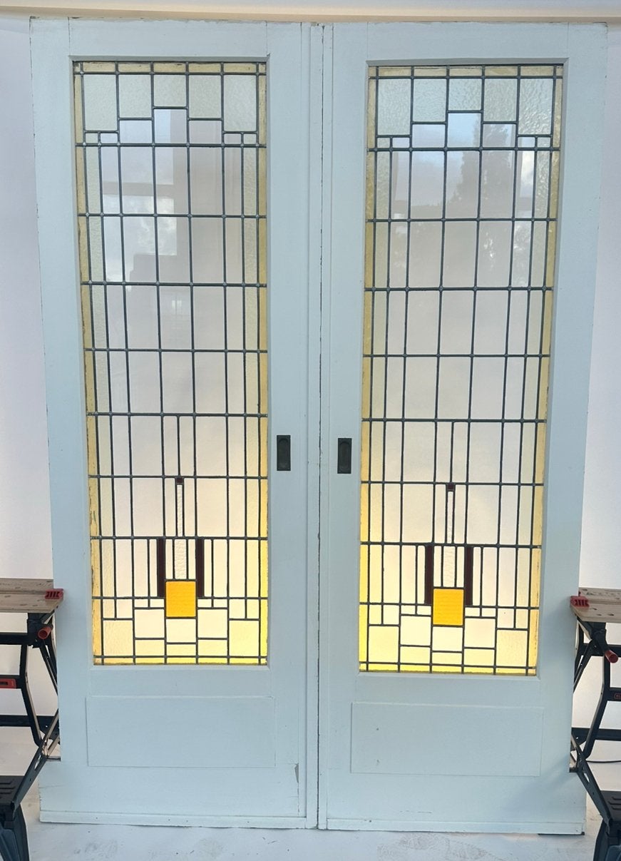 242x82 Set ensuite schuifdeuren met glas in lood jaren 20, Ophalen, Binnendeur, Zo goed als nieuw, 200 tot 215 cm