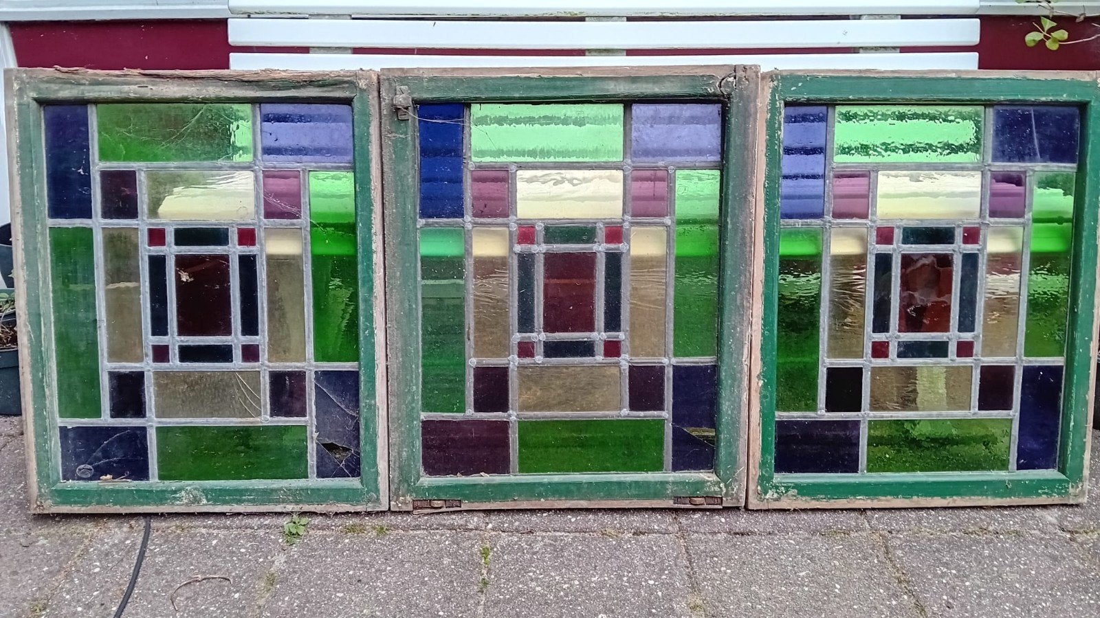 Set van 8 antieke glas in lood ramen, Ophalen, Gevelraam of Ruit, Gebruikt, Glas in lood