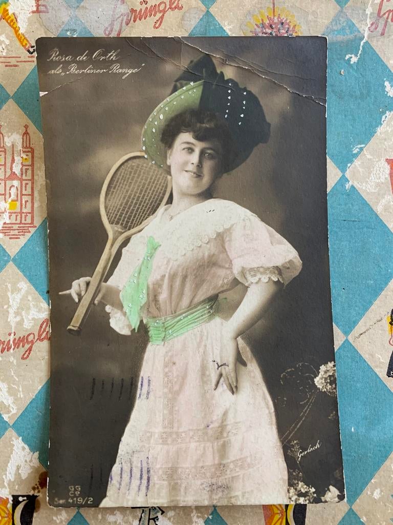 1909 Actrice Rosa de Orth met tennisracket, Ophalen of Verzenden, Voor 1920, Gelopen, Sterren en Beroemdheden