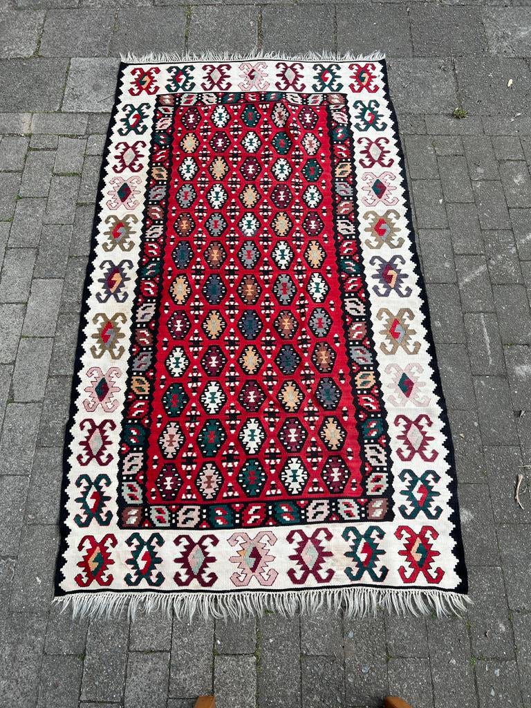 Vintage kelim wandkleed tapijt dun soepel Afghaans Turks wol, Gebruikt, Overige kleuren, Vintage, 200 cm of meer
