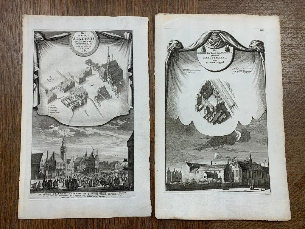 Acht gravures van Amsterdam ca 1765 voor 40 euro samen, Ophalen of Verzenden