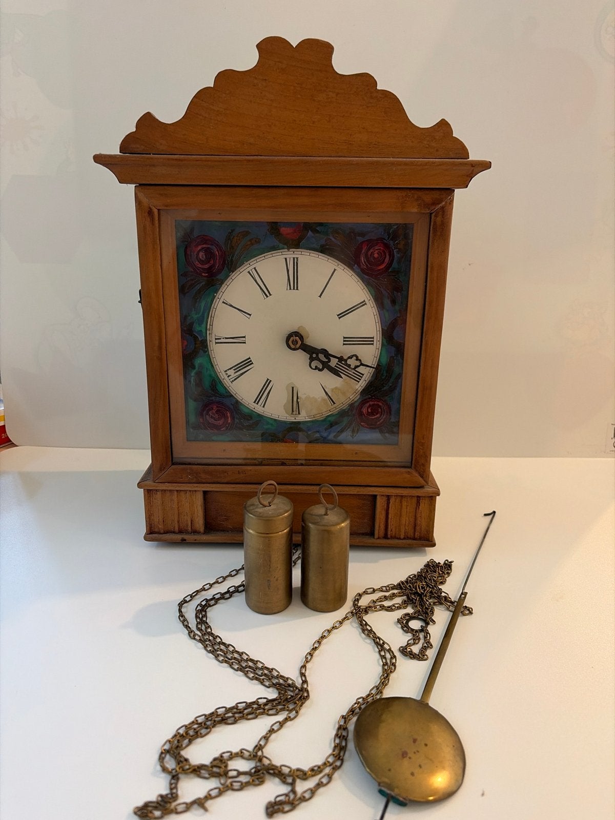 Antieke houten wandklok met slinger en gewichten, Ophalen of Verzenden