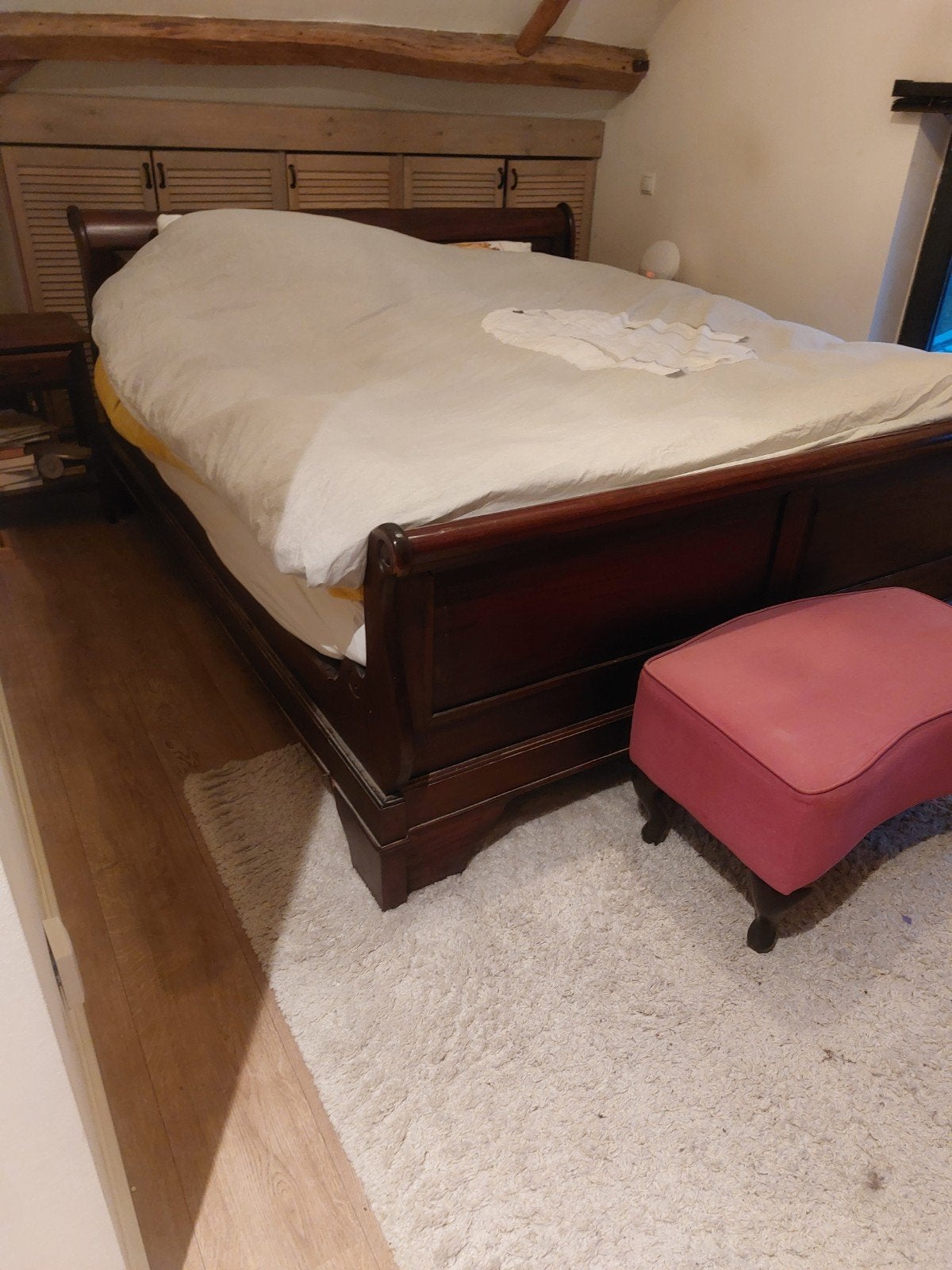 Teak houten bed 180x210 met 2 lattenbodems, Ophalen, Gebruikt, Bruin, 210 cm