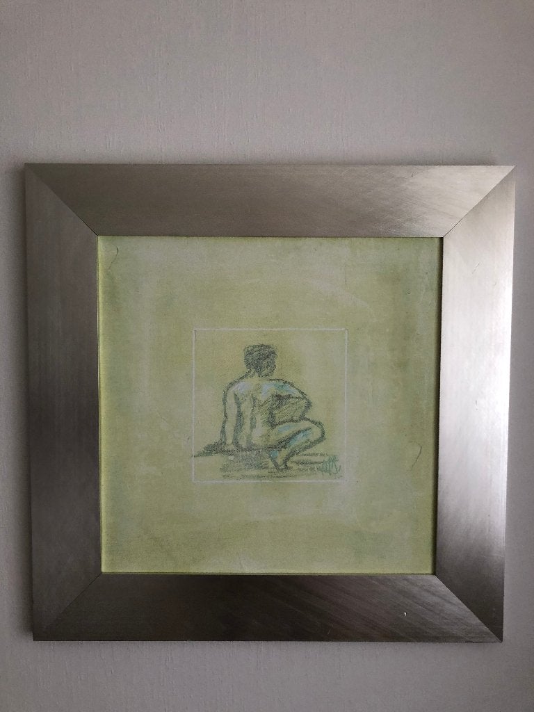 Schilderij van een naakt op de rug gezien. 69 * 69 cm., 50 – 75, Oorspronkelijke maker, Ophalen of Verzenden, Zo goed als nieuw