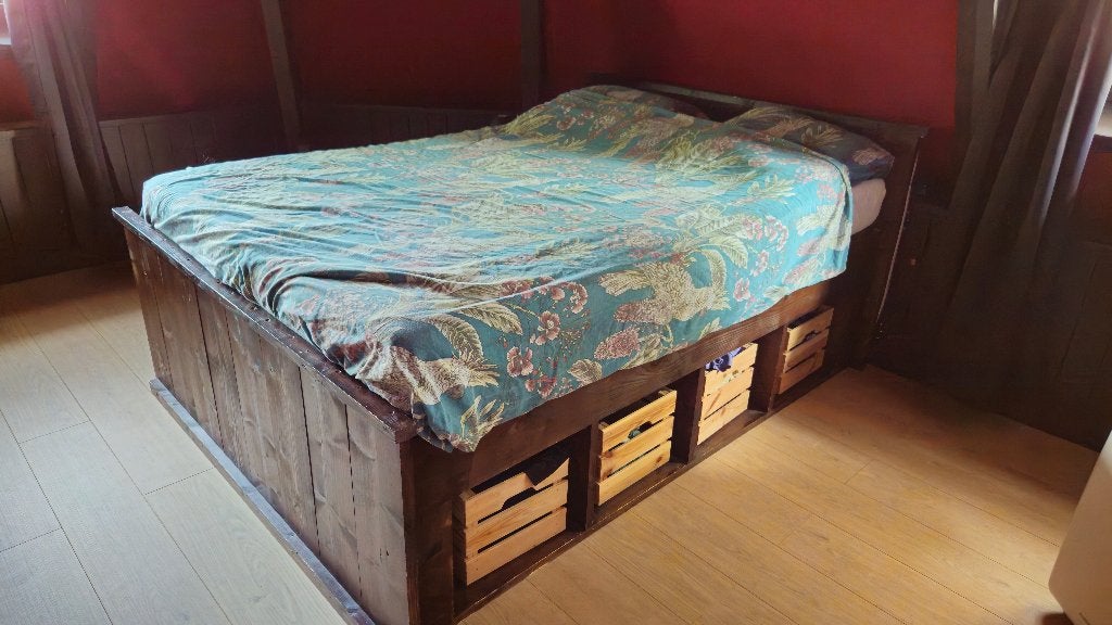 Massief steigerhouten bed 140x200, Huis en Inrichting, Slaapkamer | Bedden, Ophalen, Bruin, Steigerhout, 140 cm