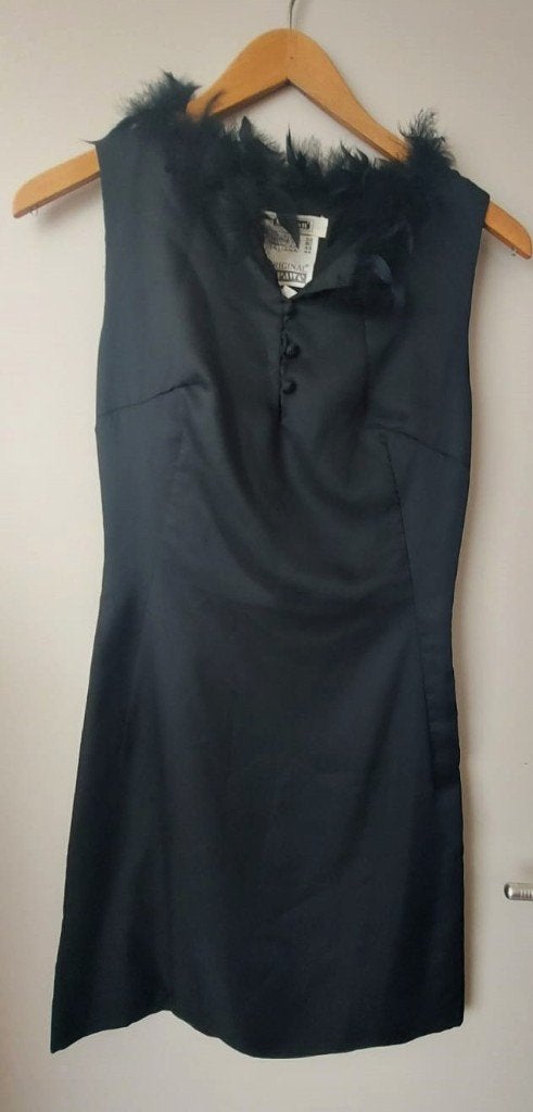 Zwart mouwloos vintage jurkje met veren kraag, maat 40, Maat 38/40 (M), Zwart, Ophalen of Verzenden, Zo goed als nieuw