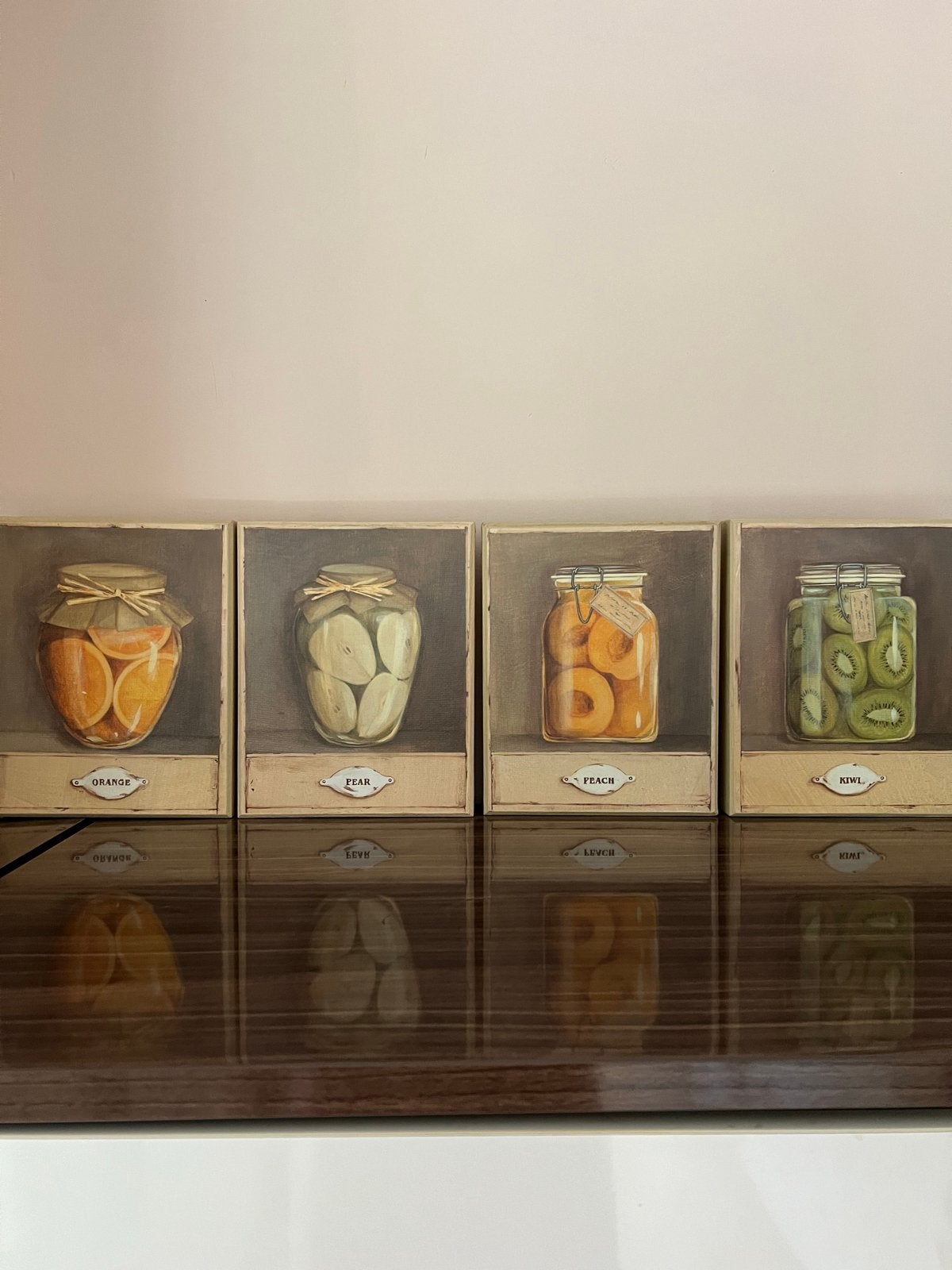 Set van 4 ingemaakte fruit schilderijen, Ophalen, Minder dan 50 cm, Zo goed als nieuw, Schilderij