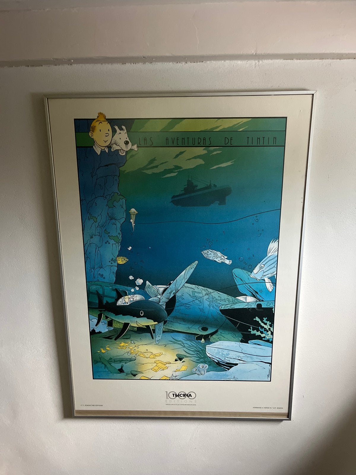 Vintage Kuifje onderwater poster - Las Aventuras de Tintin, Verzamelen, Posters, Met lijst, Ophalen of Verzenden, A1 t/m A3, Film en Tv