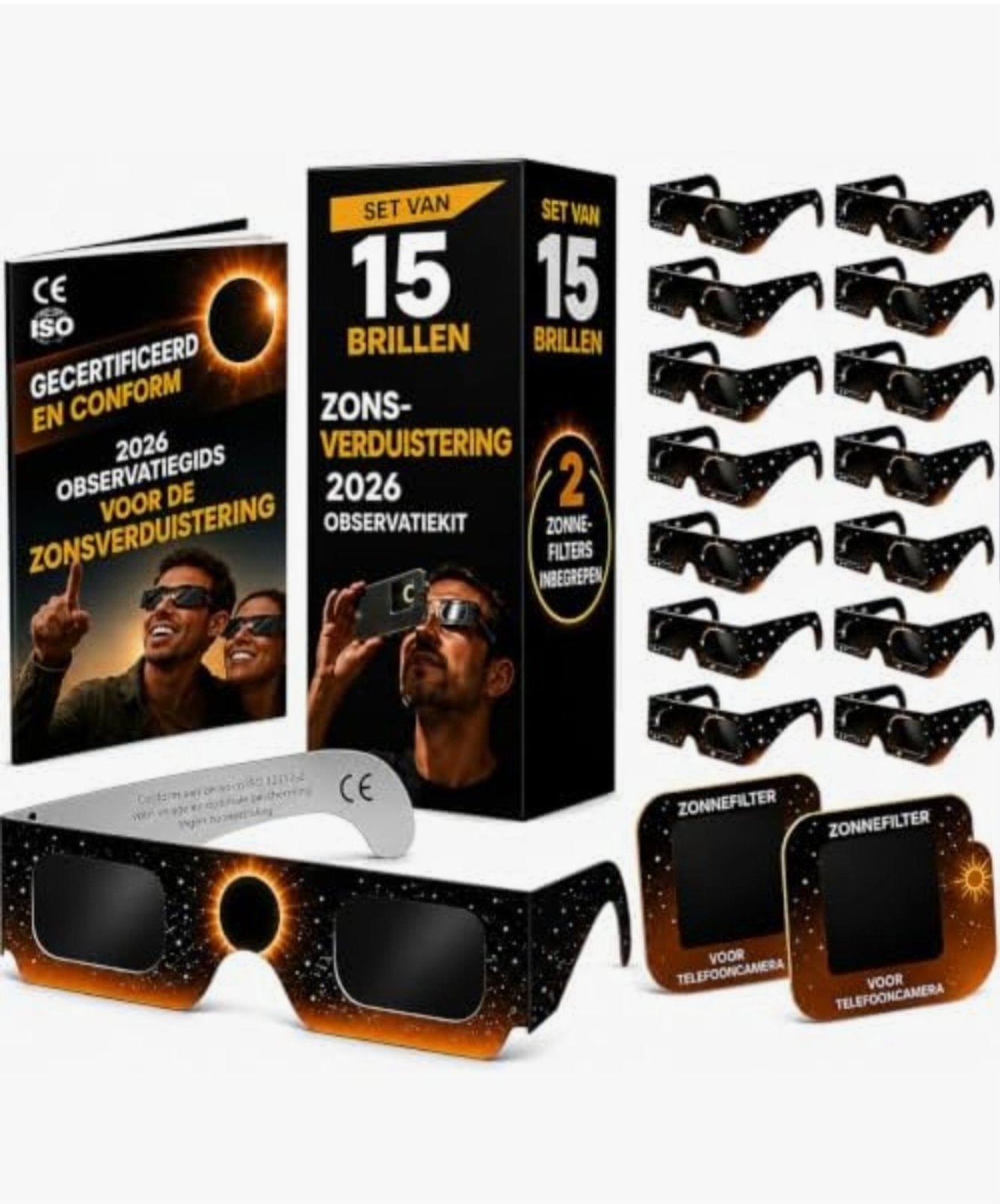 Zonsverduistering Observatiekit 2026 - 15 brillen + filters, Overige merken, Zonnebril, Zwart, Nieuw
