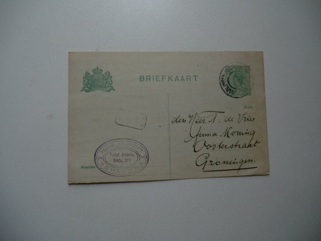 Scheemda,Winschoten,Hotel Hundt,Groningen,Firma Koning,1918, Verzamelen, Ansichtkaarten | Nederland, Ophalen of Verzenden, Voor 1920
