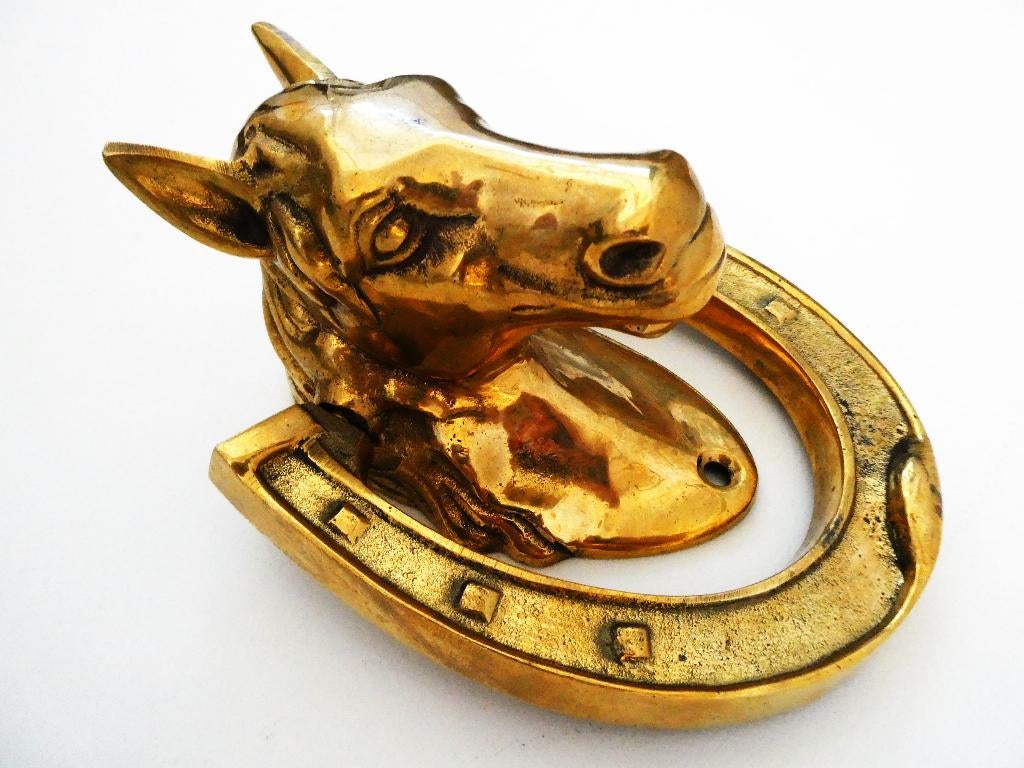 Deurklopper paard met hoefijzer messing paardenhoofd, Antiek en Kunst, Ophalen of Verzenden