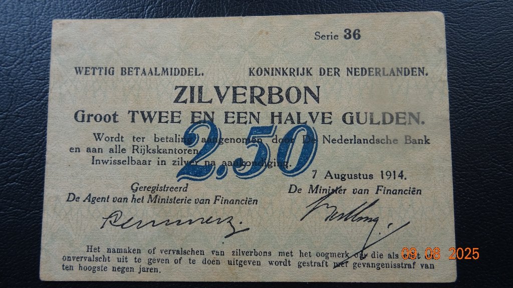2.50 Gld zilverbon 1914 Pr, Ophalen of Verzenden, 2½ gulden, Los biljet
