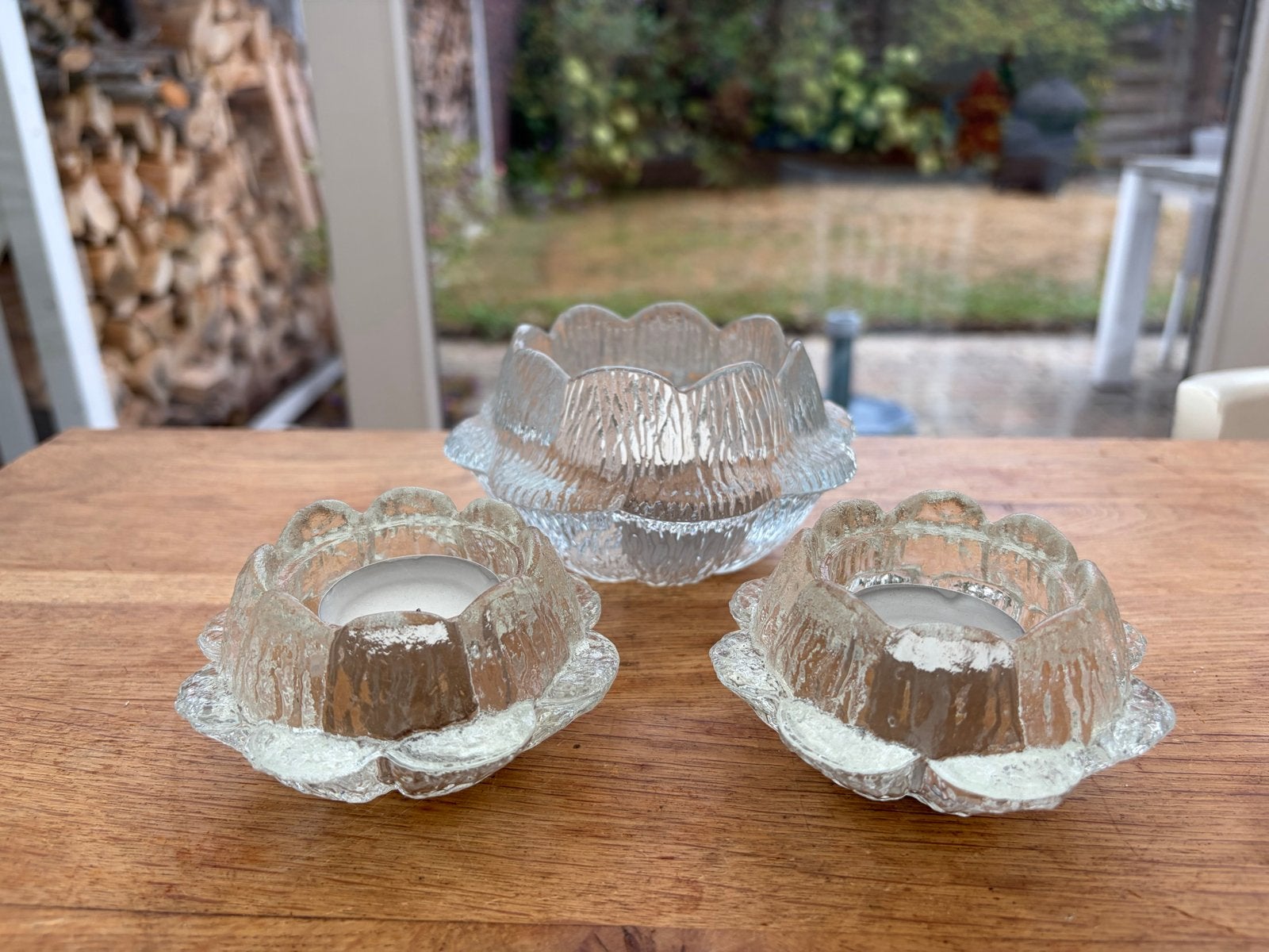 Set van 3 glazen Holmegaard Akande waxinelichtjes, Ophalen of Verzenden, Zo goed als nieuw, Glas, Waxinelichthouder