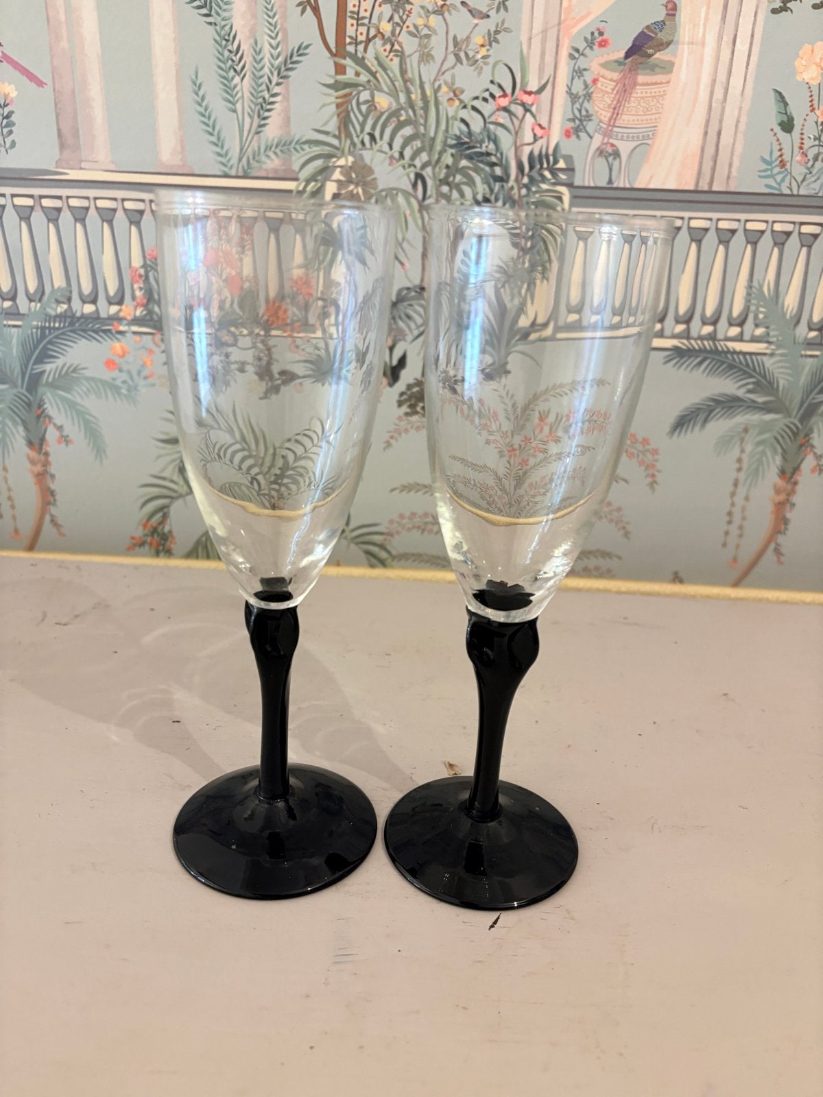 Set van 2 Vintage Handgeblazen Champagneflutes - Zwarte Stee, Ophalen of Verzenden