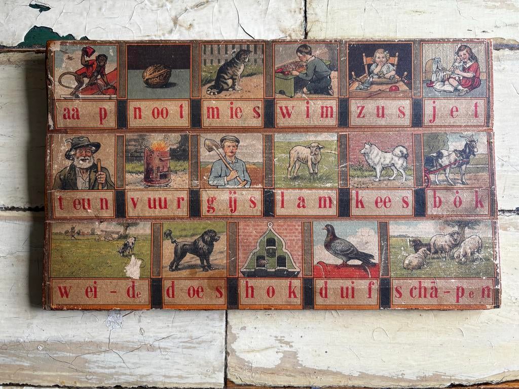 Oude leesplankjes AAP NOOT MIES met lettertjes en blikjes, Antiek en Kunst, Ophalen of Verzenden