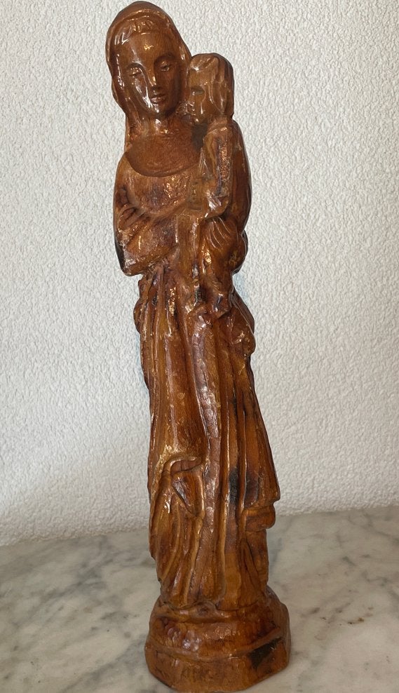 Vintage houten Maria met kind beeld, Ophalen of Verzenden