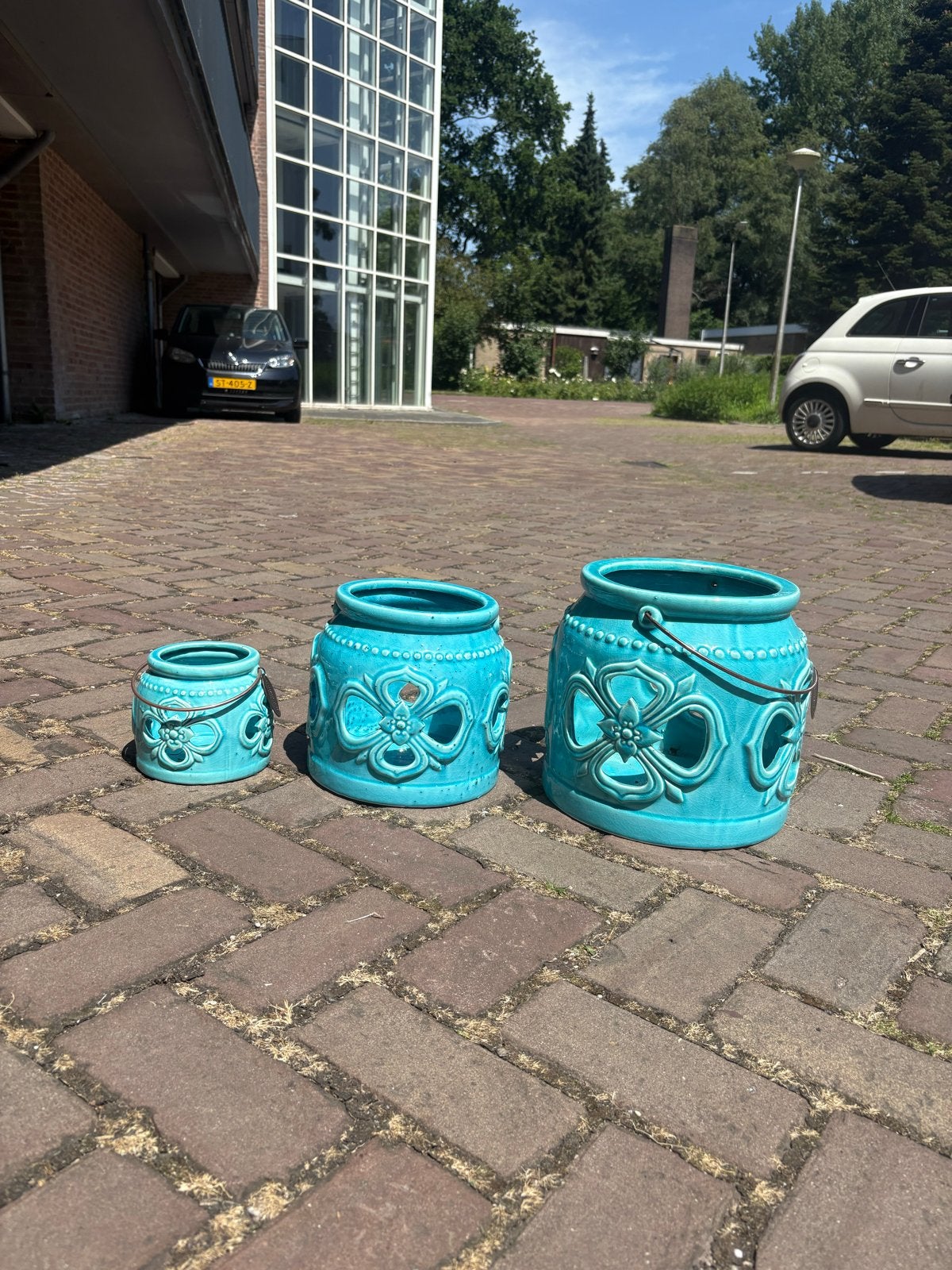 Riverdale turquoise potten set van 3, Ophalen of Verzenden, Zo goed als nieuw, Blauw, Steen/keramiek