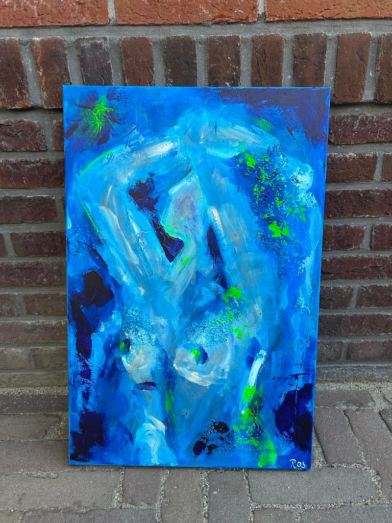 Abstract Schilderij Blauw/Groen 60x40cm - Modern Kunstwerk, Antiek en Kunst, Kunst | Schilderijen | Abstract, Ophalen