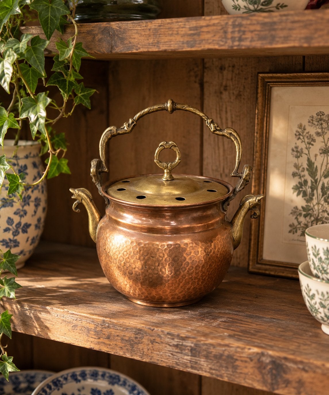 Antieke Koperen Theepot met Messing Handvat, Ophalen of Verzenden, Koper