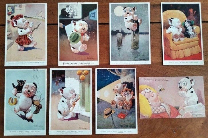 Set van 8 Vintage Bonzo de Hond Ansichtkaarten (Gelopen), Ophalen of Verzenden, 1920 tot 1940, Gelopen, Overig Europa