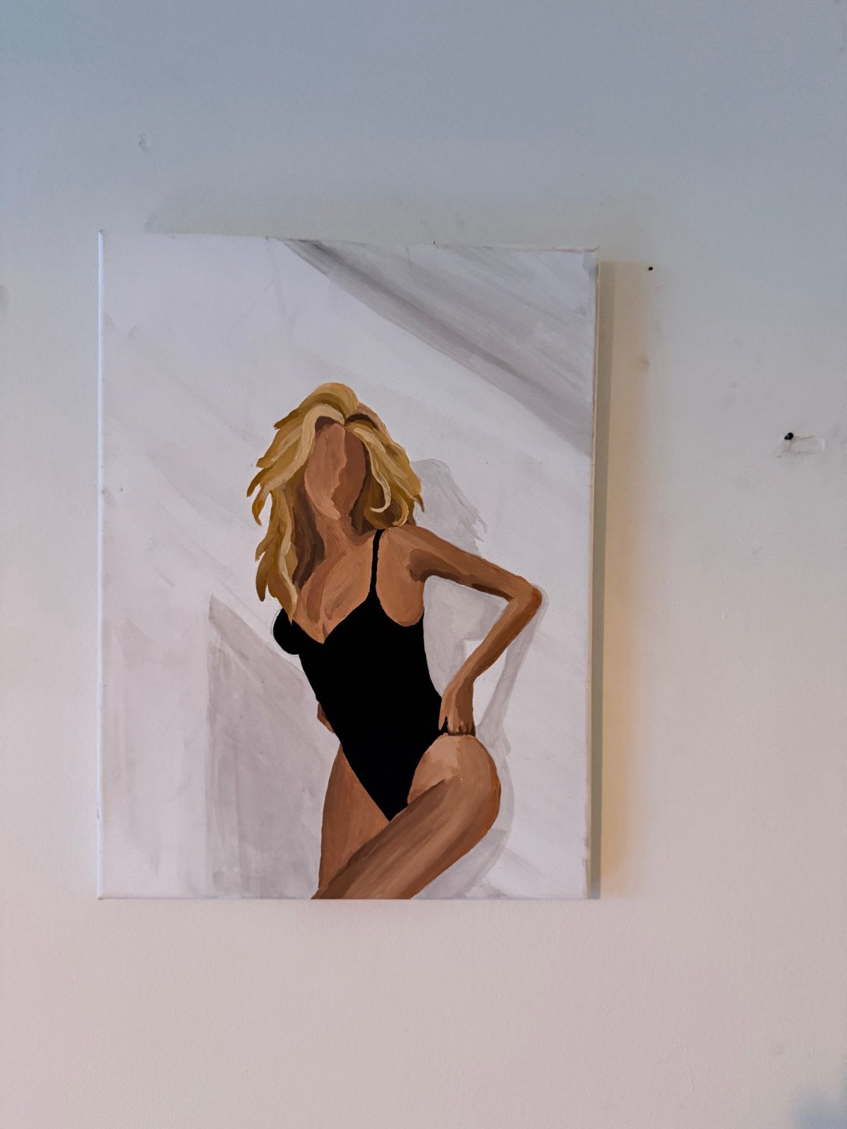 Modern schilderij van vrouw in badpak (30x40 cm), Handgeschilderd, Ophalen of Verzenden, Textiel, Figuren