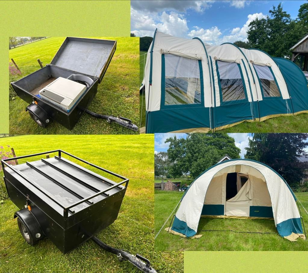 Hypercamp Fashion Gold tunneltent met aanhanger, koelkast, Caravans en Kamperen, Tenten, Ophalen, Gebruikt, Meer dan 6