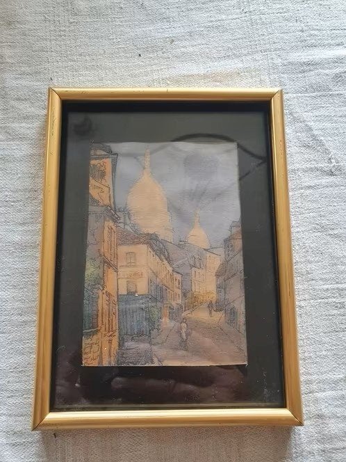 hele oude (ets met) aquarel Parijs Sacre Coeur ongesigneerd, Antiek en Kunst, Ophalen